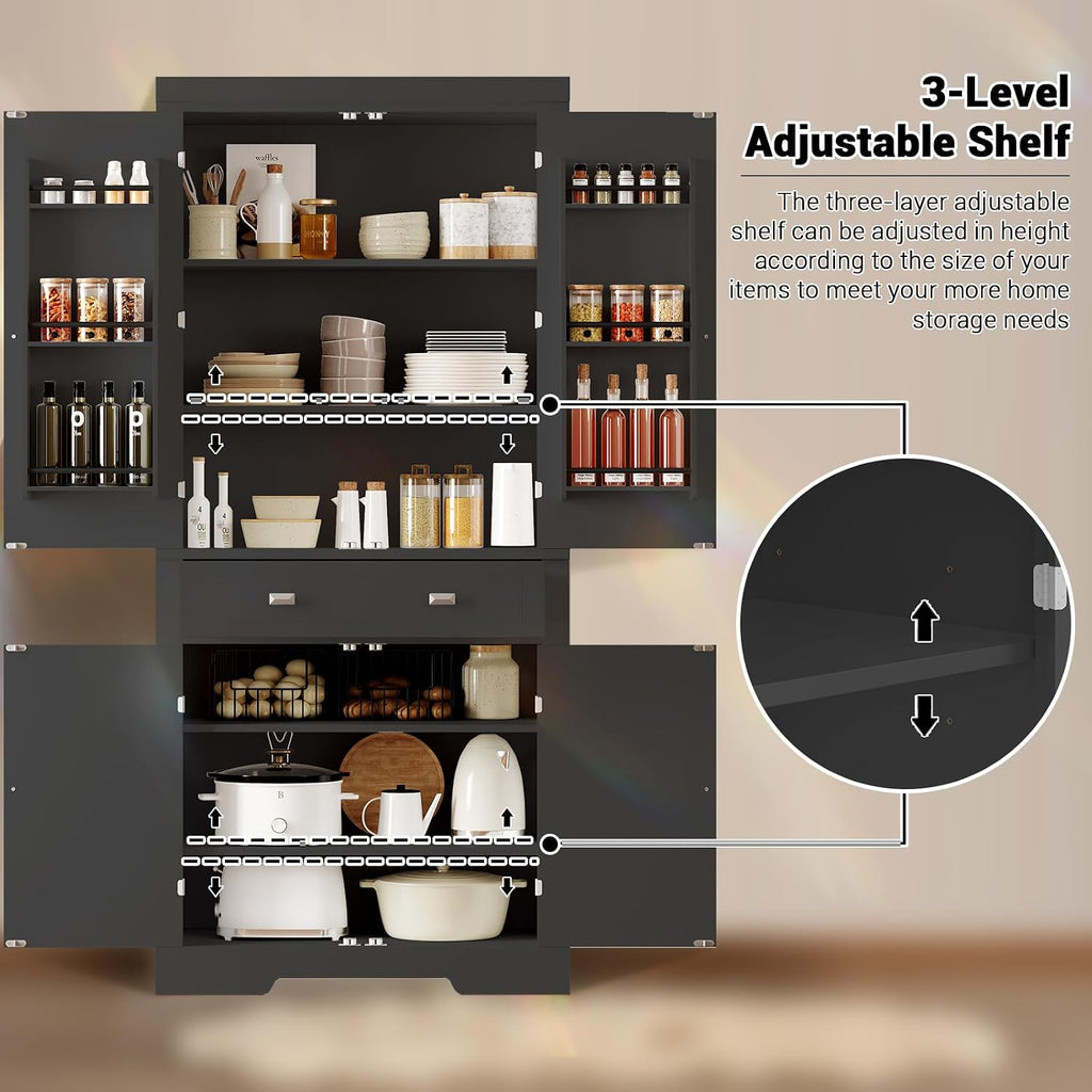 GarveeHome 72' Kitchen Pantry Cabinet, Freestanding Tall Storage Cabinet with 6 Door Shelves, 4 Adjustable Shelves and 1 Drawer, for Kitchen, Living Room, Dining Room, Black