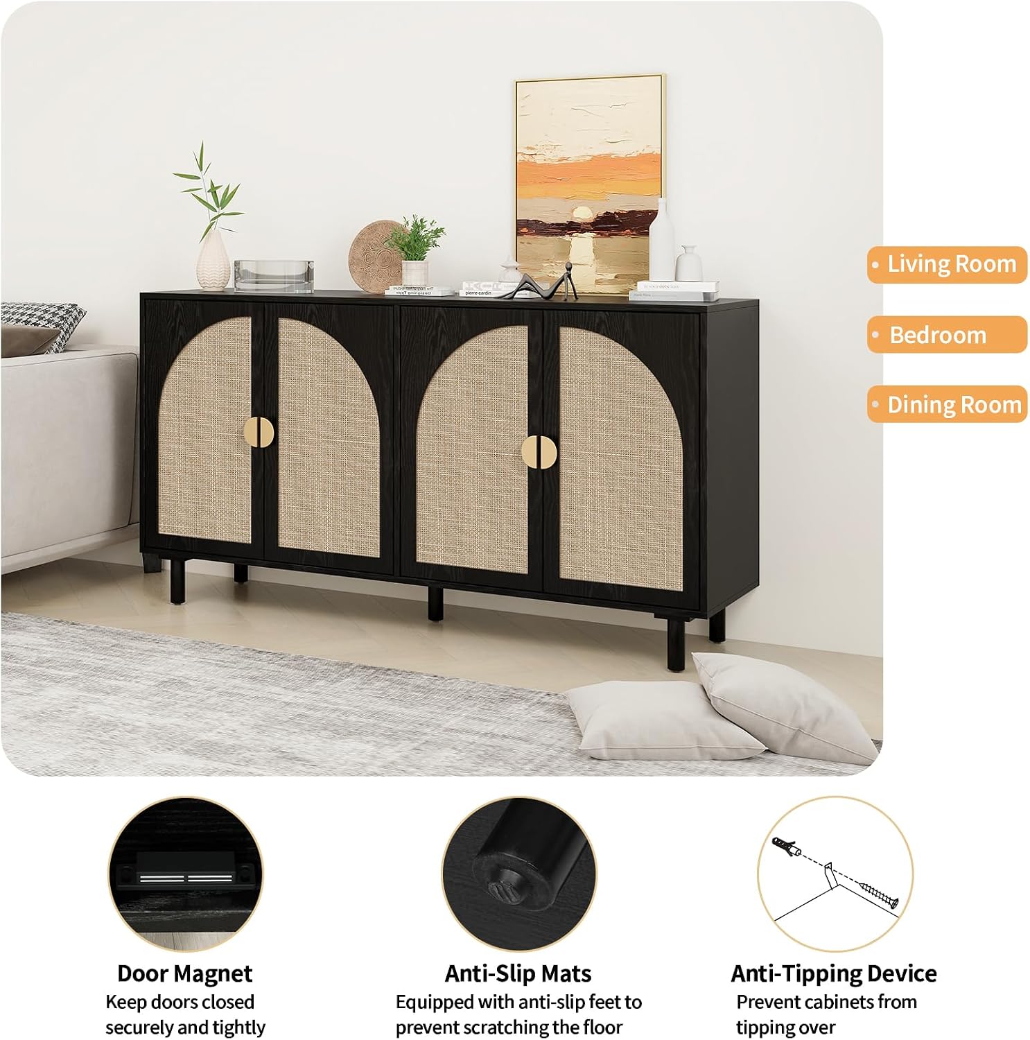 vistavie Black Rattan Buffet 4-Door Storage Cabinet with Adjustable Shelves, Solid Pine Legs, Sideboard TV Stand for Living Room, Coffee Bar for Dining Room & Kitchen