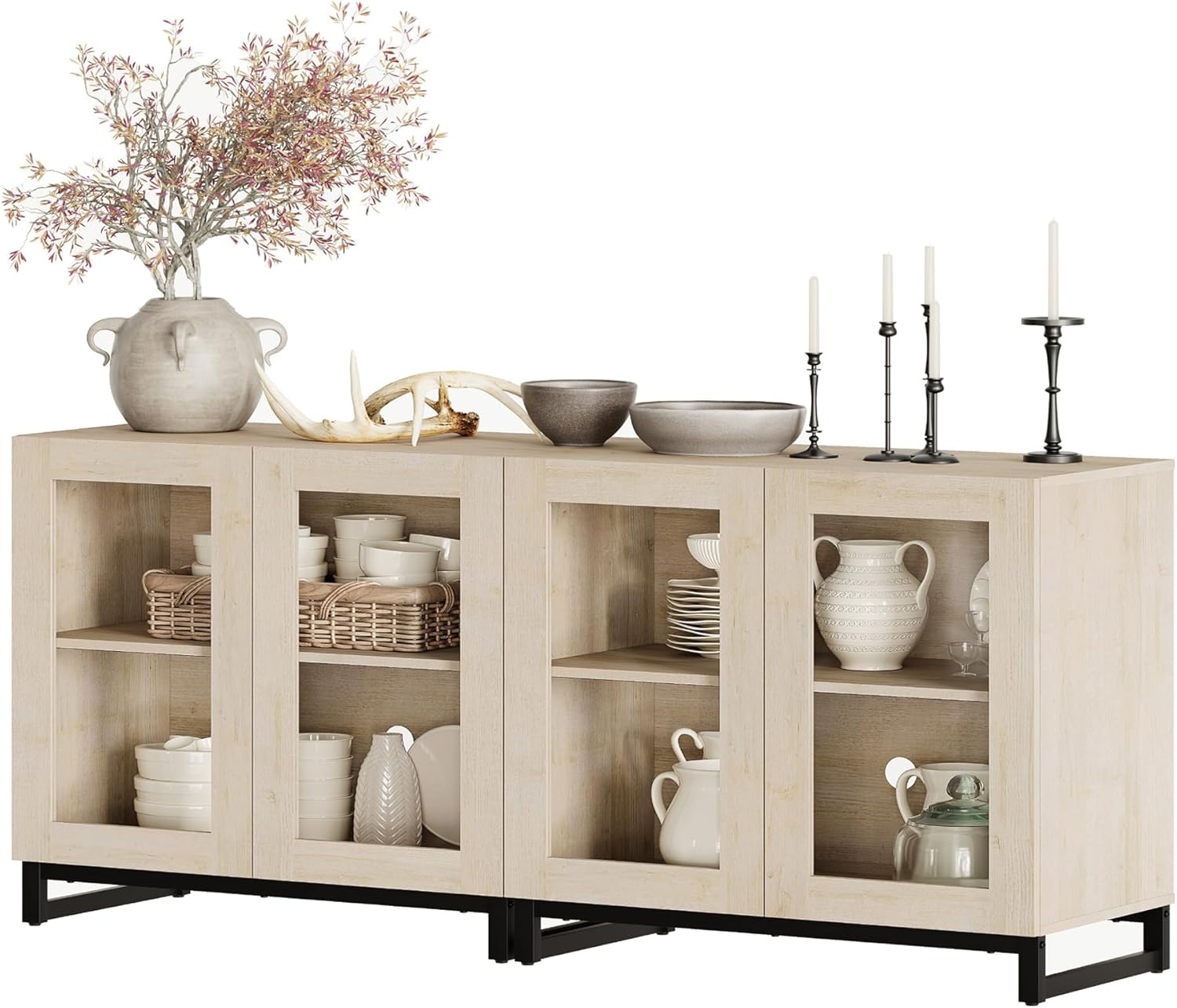 WAMPAT Sideboard Buffet Cabinets, Modern Credenza Sideboard with Adjustable Shelf and Metal Base, Coffee Bar Cabinet Accent Storage Cabinet for Living Room, Kitchen, Beige-A, 2 Pcs