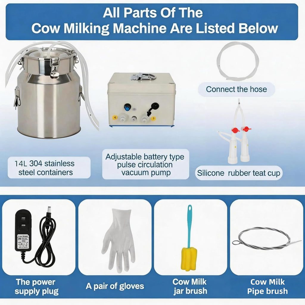 14L Goat Milking Machine, Rechargeable Battery Adjustable Pulse Vacuum Electric Goat Milking Machine,Portable Milking Machine,Individual Pulsation Adjustment, Udder Protection