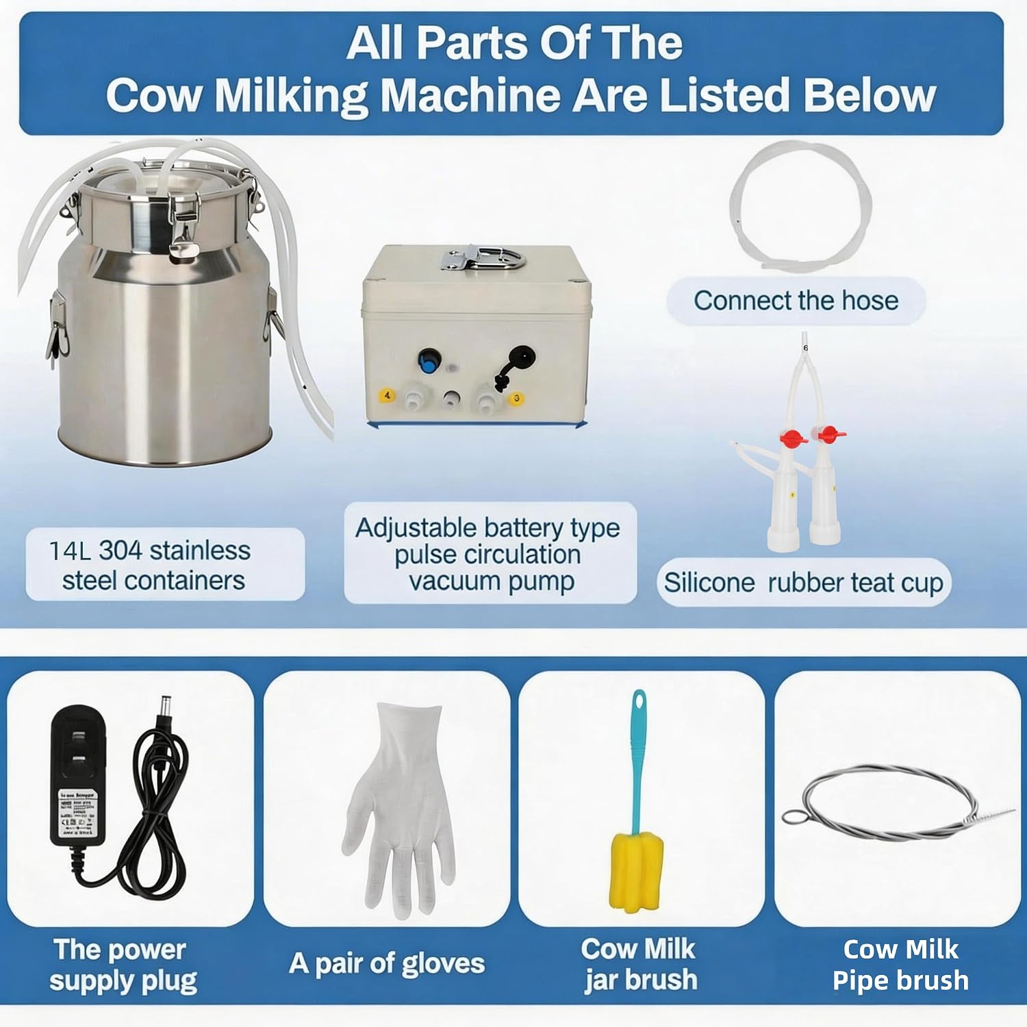 14L Goat Milking Machine, Rechargeable Battery Adjustable Pulse Vacuum Electric Goat Milking Machine,Portable Milking Machine,Individual Pulsation Adjustment, Udder Protection
