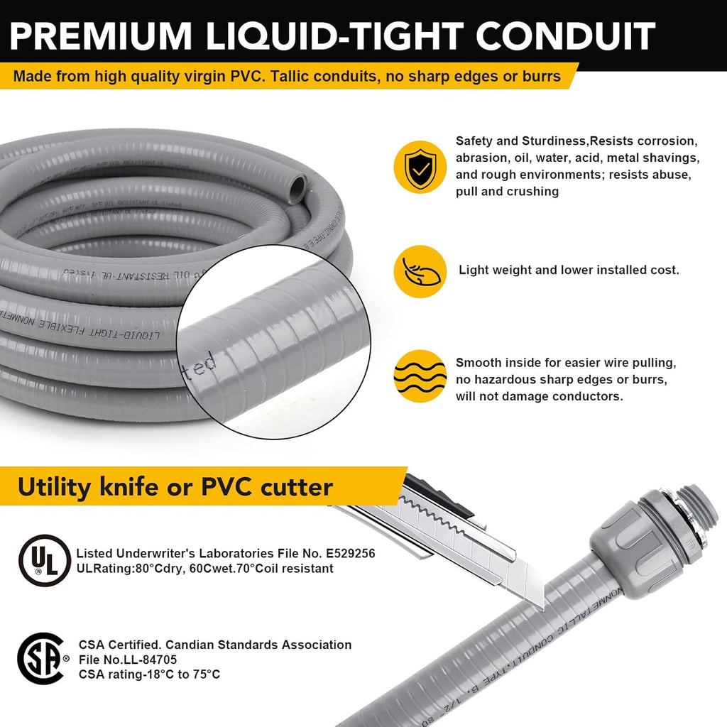 1-1/4(1.25) inch 50ft Liquid-Tight Conduit and Connector Kit,Flexible Non-Metallic Liquid Tight Electrical Conduit Kit with 5 Straight and 3 90-Degree Connector Fittings,1in. Dia…