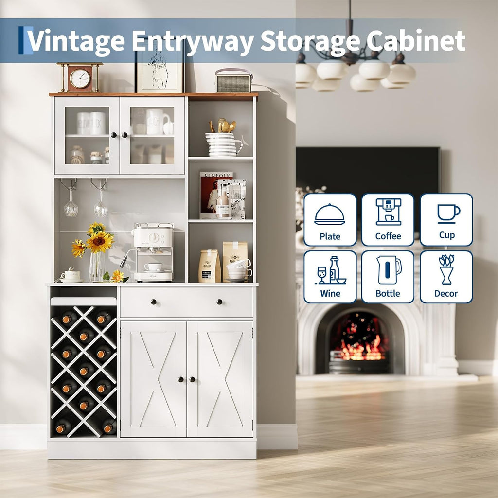 Coffee Bar Cabinet with Power Outlet & Exquisite Barn Doors, Sideboard Buffet Cabinet with Wine Bottle Rack, Storage Cabinet for Kitchen, Dining Room