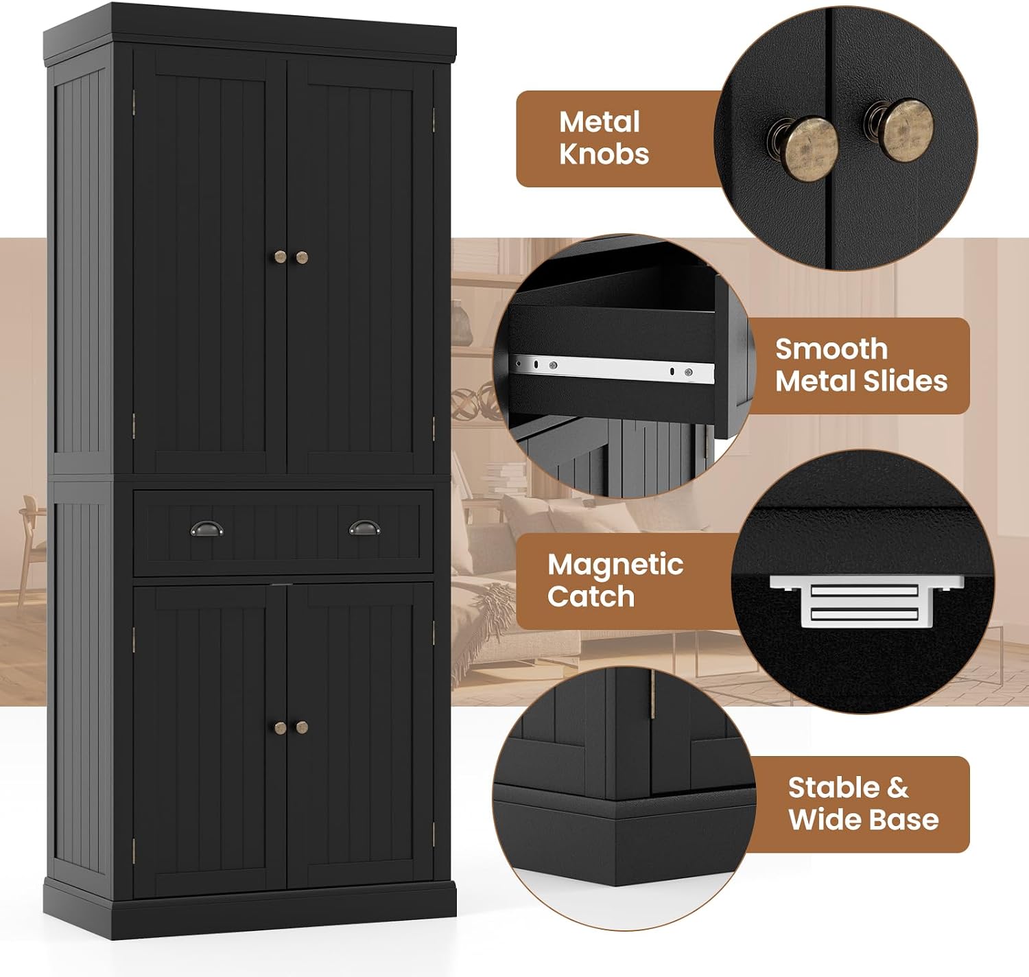 Giantex Pantry Organizers and Storage, 72' Tall Kitchen Cabinet with 2-Door Cabinets & Drawer, Buffet Sideboard w/Adjustable Shelves, Wooden Freestanding Cupboard for Dining Room Living Room (Black)