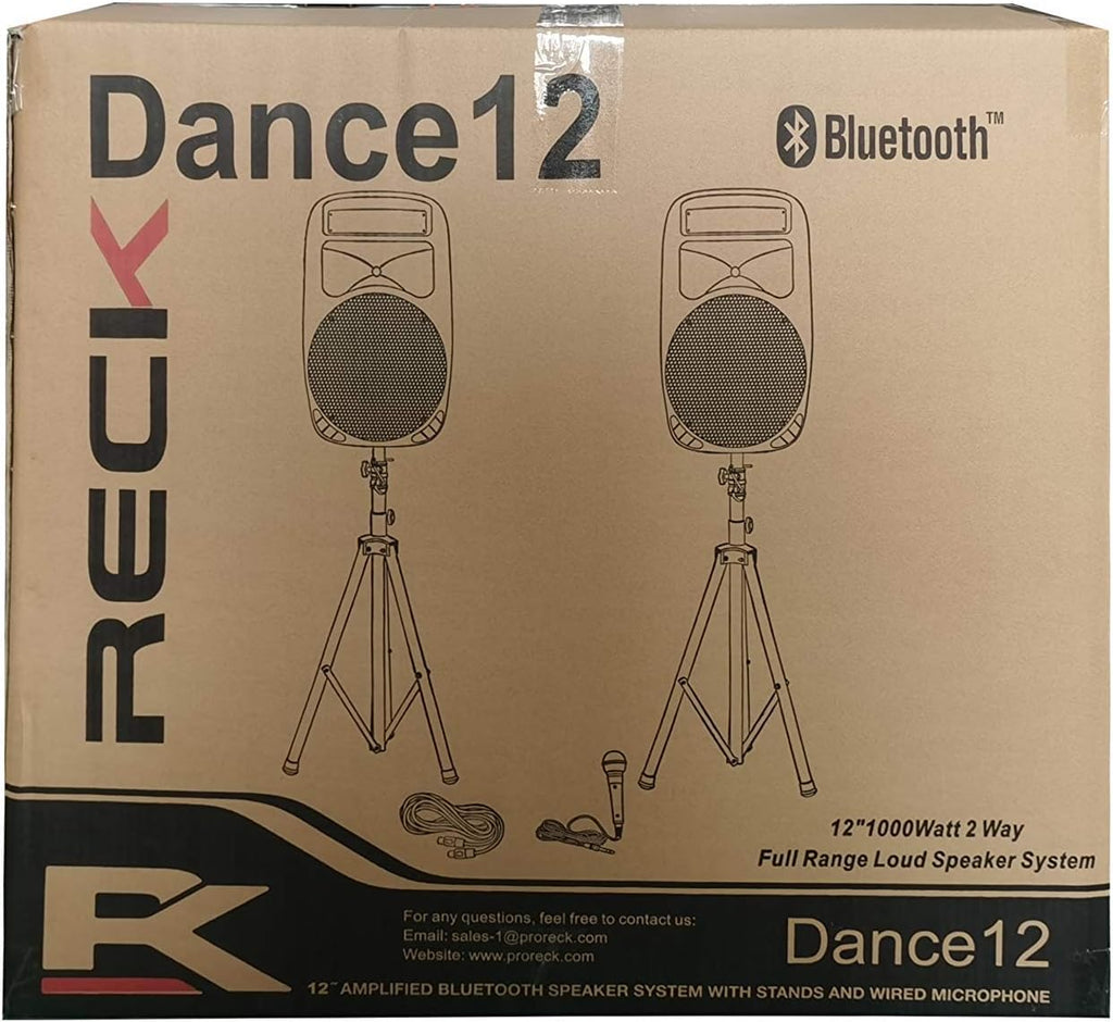 RECK DC 12 Portable 12-Inch 1000 Watts 2-Way Powered Dj/PA Speaker System Combo Set with Bluetooth/USB/SD Card Reader/FM Radio/Remote Control/Speaker Stand/Wired mic