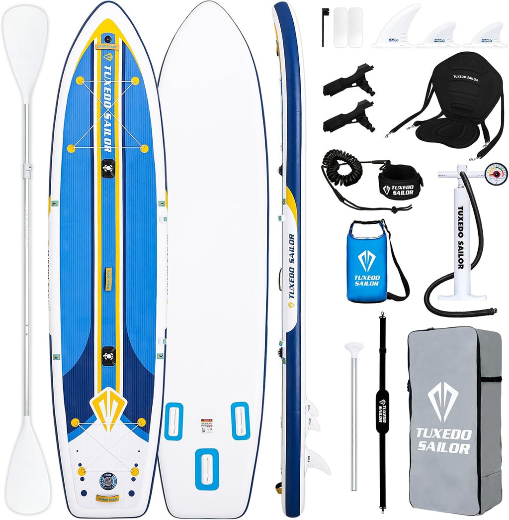 Tuxedo Sailor Large Size Inflatable Fishing Kayak 12'×34'×6' Ultra-Light Paddle Board, Stand Up Paddle Board Complete Accessories, Fishing Support Bases, Kayak Seat etc