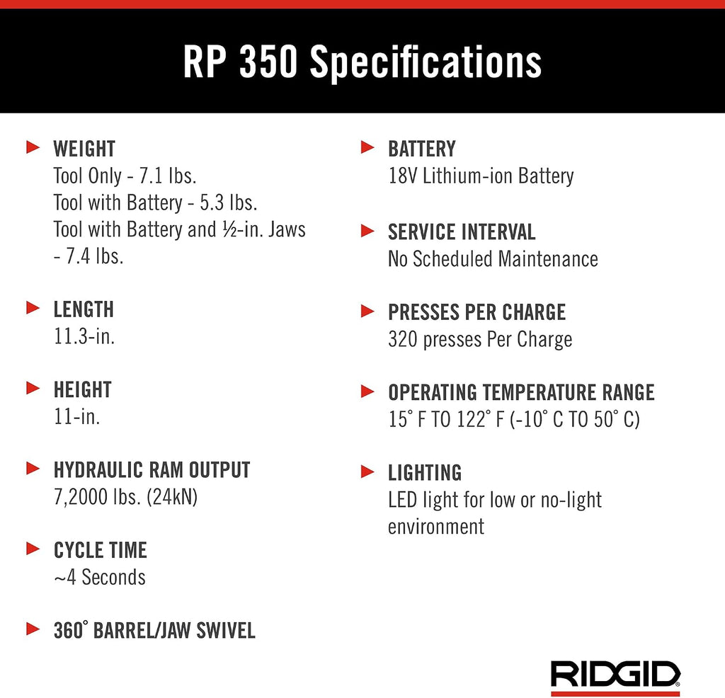 RIDGID 67058 RP 350 ProPress Pressing Tool and Battery Kit with ProPress Tool, 1/2' to 1' ProPress Jaws, 18-Volt Battery, Charger, and Case