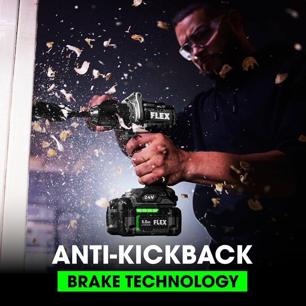 FLEX 24V Brushless Cordless 2-Tool Combo Kit: 1/2-Inch Drill Driver with Turbo Mode and 1/4-Inch Quick Eject Hex Impact Driver with 2.5Ah, 5.0Ah Lithium Batteries and 160W Fast Charger - FXM204-2B