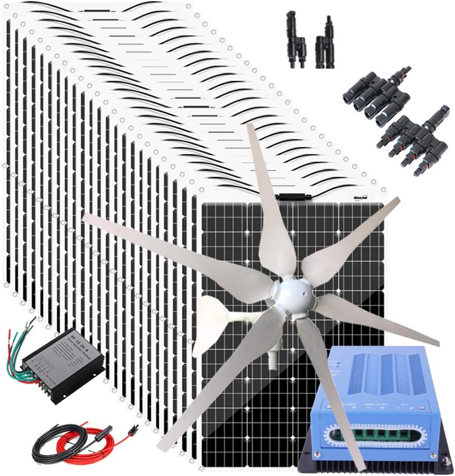 3280W Solar Panel Wind Turbine Generator Kit 24V Battery Charger: 24pcs 120W Flexible Monocrystalline Solar Panels & 400W Windmill & 60A MPPT Charge Controller