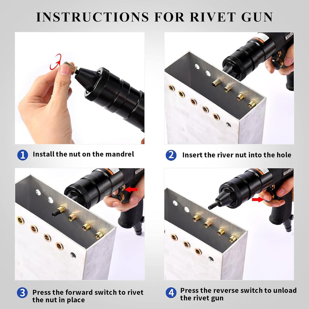 Pneumatic Rivet Nut Gun 8-32,10-24,1/4-20 with Replacement Mandrels, RPM 1500 Industrial Grade Pull Rivnut Gun MODEI:LM08 Button Switch