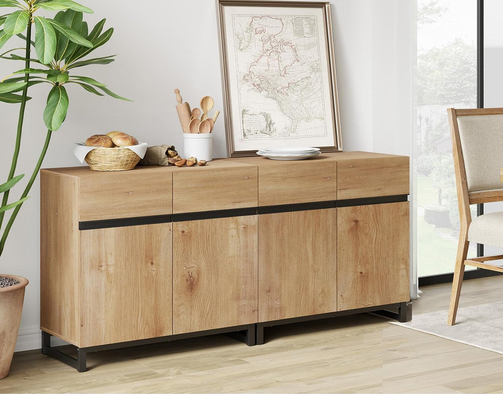 WAMPAT 2 in 1 Multifunctional Sideboard Buffet Cabinets, Modern Sideboard with Adjustable Shelf and Metal Base, Coffee Bar Cabinet Storage Cabinet for Living Room, Kitchen, Oak