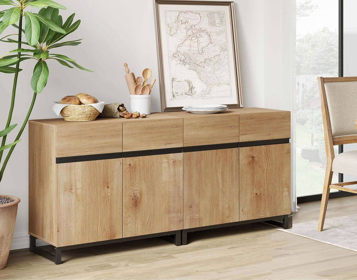 WAMPAT 2 in 1 Multifunctional Sideboard Buffet Cabinets, Modern Sideboard with Adjustable Shelf and Metal Base, Coffee Bar Cabinet Storage Cabinet for Living Room, Kitchen, Oak
