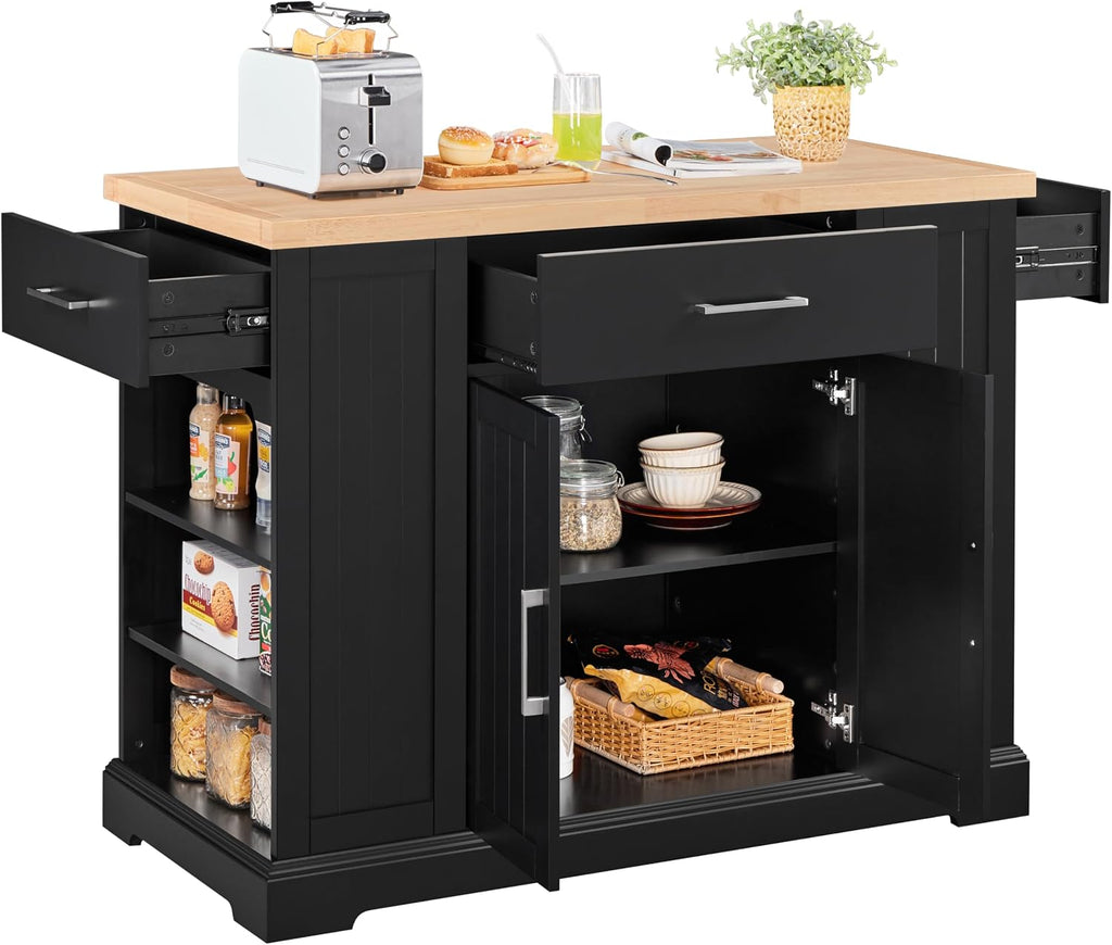 Yaheetech Kitchen Island on Hidden Wheels, Rolling Kitchen Cart with Thicker Rubberwood Top & 3 Drawers & Open Shelves, Storage Cabinet with Adjustable Shelves for Dining Room, 46″L × 22″W, Black