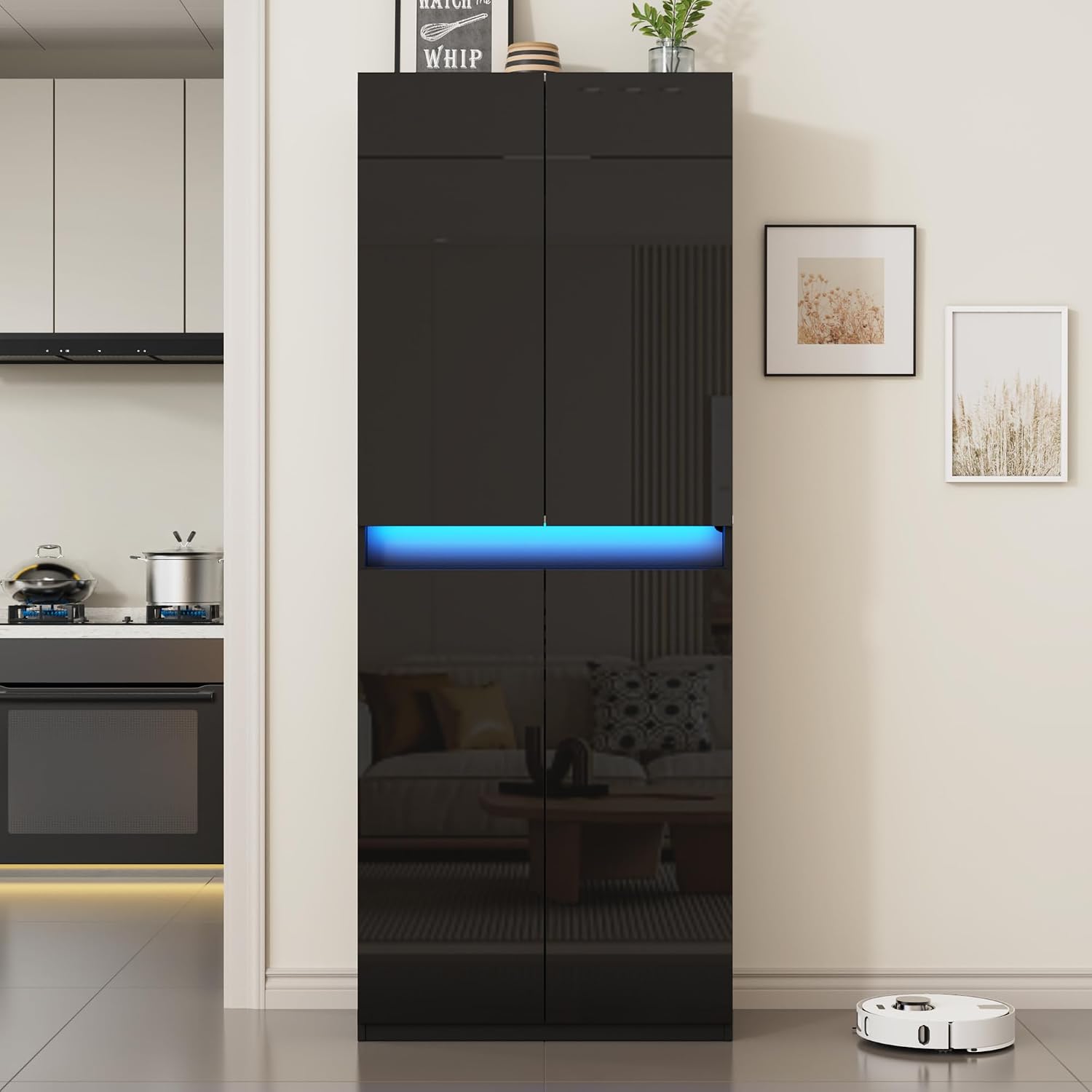 Furnify 71' Tall Pantry Storage Cabinet, Kitchen Pantry with High Gloss Doors, Modern Buffet Hutch Cabinet with Led Light and Adjustable Shelves for Dining Room, Living Room, Black