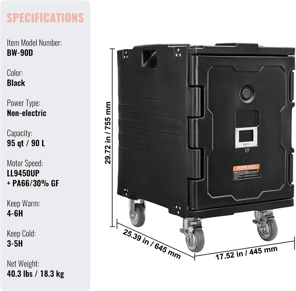 VEVOR Insulated Food Pan Carrier, 95 Qt Hot Box for Catering, LLDPE Food Box Carrier w/One-Piece Buckle, Front Loading Food Warmer w/Handles, End Loader w/Wheels for Restaurant, Canteen, etc. Black