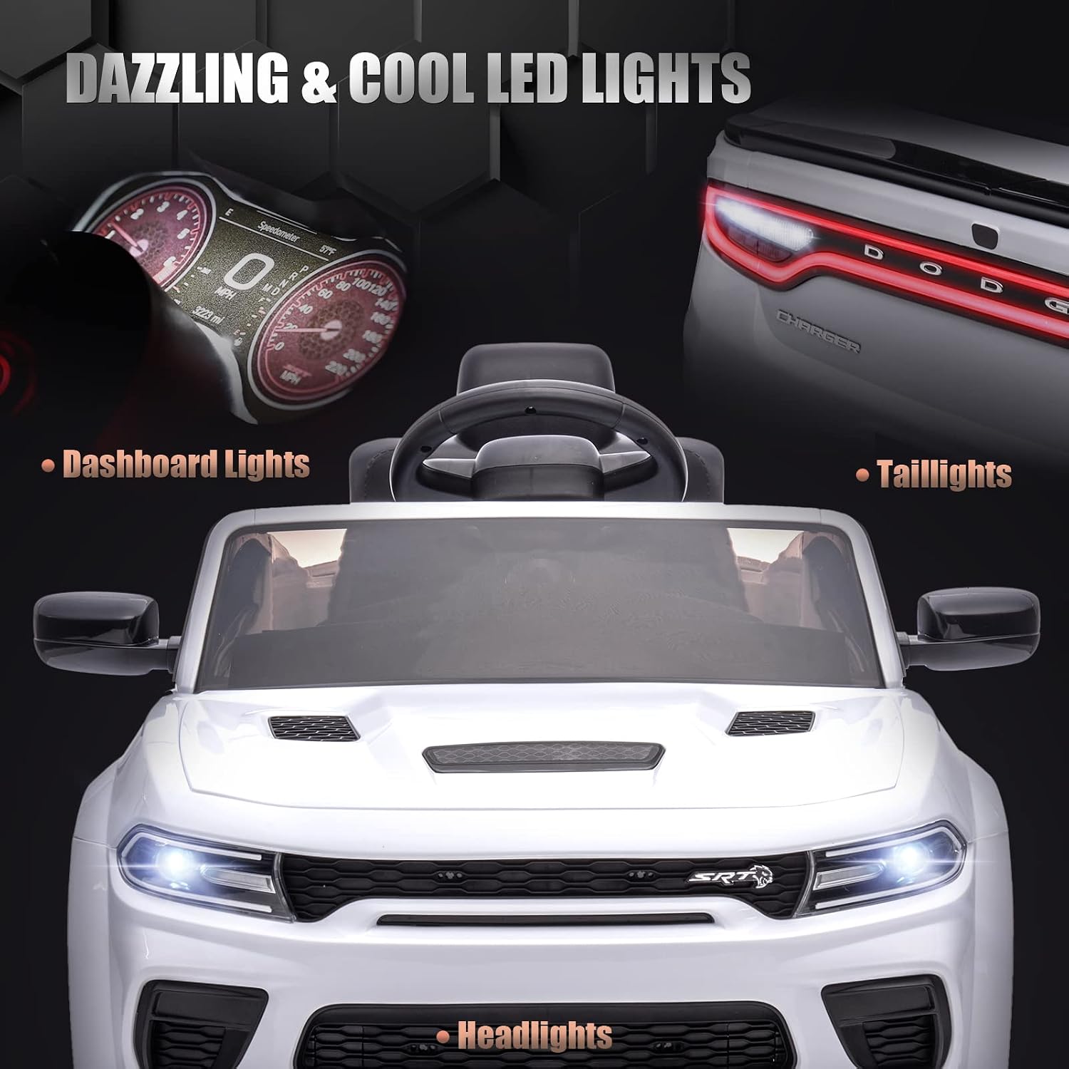 ENYOPRO 12V 7Ah Kids Electric Ride on Car, Licensed Dodge Charger SRT Hellcat, Battery Powered 4-Wheels Toy Car Electric Vehicle for Kids with Remote Control, 3 Speeds, LED Lights, Music (White)