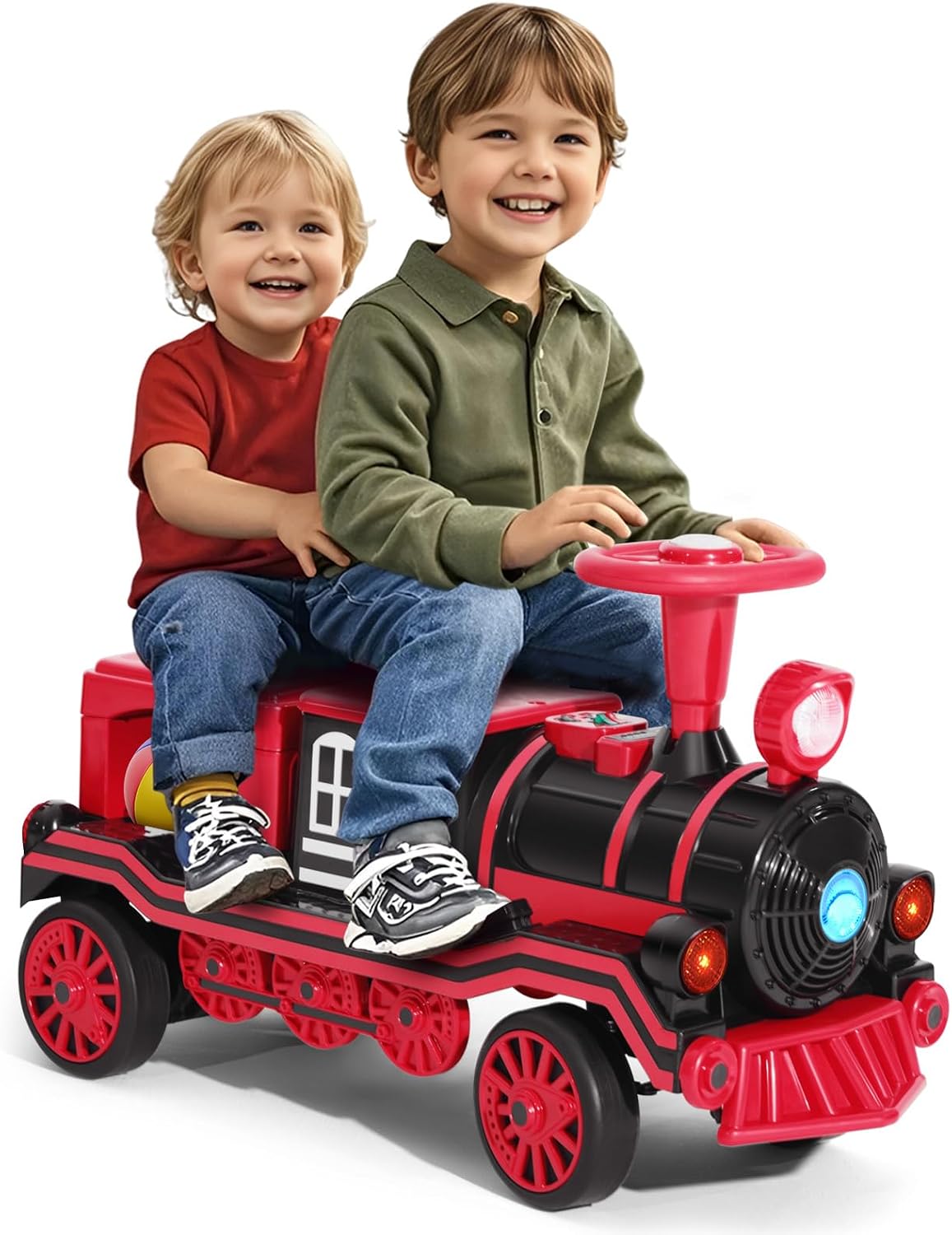 JOYLDIAS 2 Seater Ride On Train, 12V Kids Ride On Toy with Music, Train Honk, Lights, High/Low Speed and Storage, Electric Car for Kids Aged 3+, Red