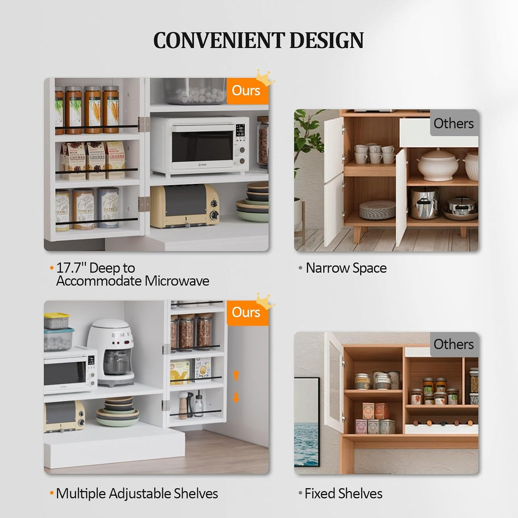 VINGLI Pantry Cabinet, White Kitchen Storage Cabinet with 2 Doors and Adjustable Shelves, 40.5' H Food Storage Freestanding Cupboard for Small Space in Dining Room, Living Room
