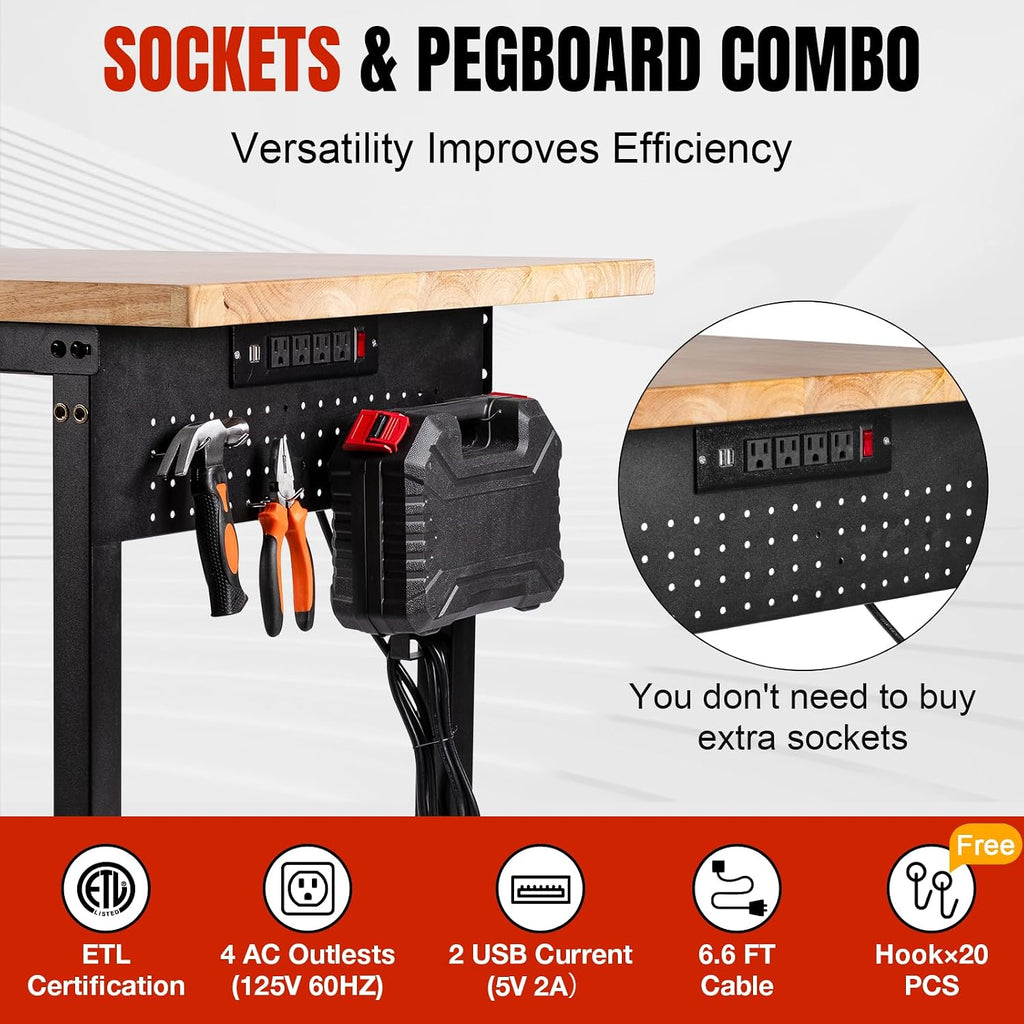 Height Adjustable Workbench with Wheels 60'×22' Heavy Duty Work Table 2000 LBS Capacity Rolling Work Table Rubber Wood Work Station with Power Outlet & Pegboard for Garage, Office, Workshop