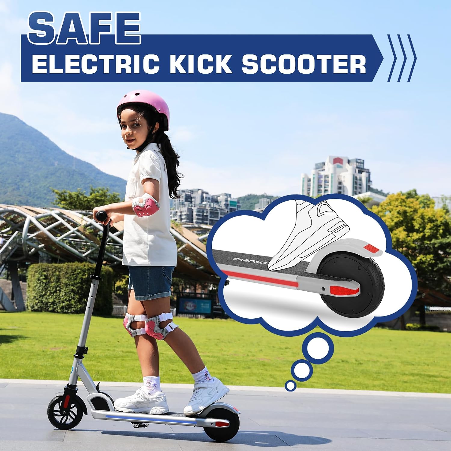 Caroma E35 Kids Electric Scooter for Ages 8-12, 150W Motor Up to 7 Miles Range & 10 MPH Speed, LED Display, Colorful Rainbow Lights, Adjustable Height, Foldable & Lightweight Design