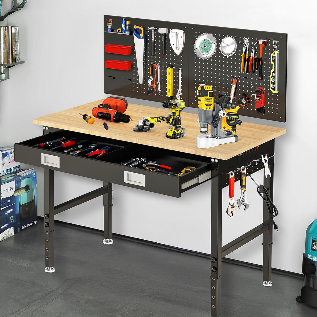 48' Heavy Duty Workbench for Garage with Drawers Rubberwood Tabletop Work Table with Pegboard, Power Outlets Adjustable Height Work Bench for Home, Office, Woodworking Shop