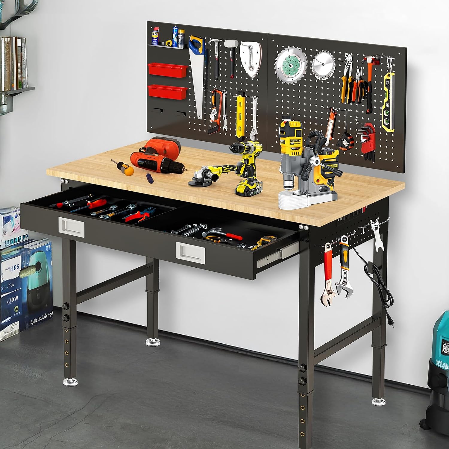 48' Heavy Duty Workbench for Garage with Drawers Rubberwood Tabletop Work Table with Pegboard, Power Outlets Adjustable Height Work Bench for Home, Office, Woodworking Shop