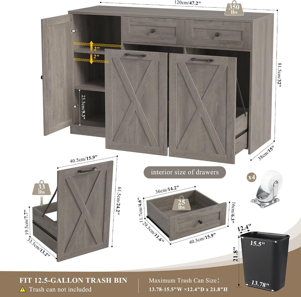 HOSTACK 12.5 Gallon Kitchen Trash Cabinet, 47' Double Trash Can Cabinet, Large Pull Out Can Storage Drawers, Wood Farmhouse Hidden Garbage Storage Buffet for Kitchen, Dining Room, Ash Grey