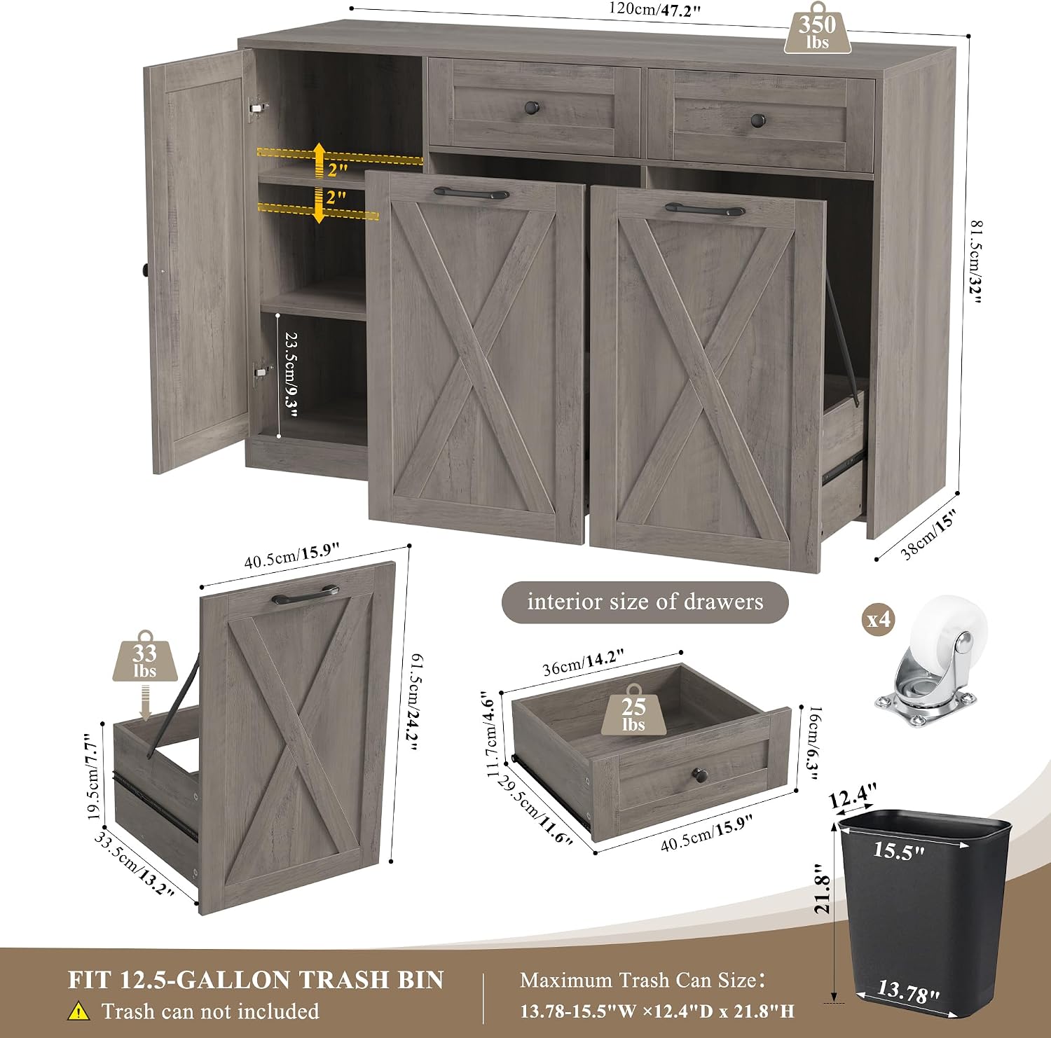 HOSTACK 12.5 Gallon Kitchen Trash Cabinet, 47' Double Trash Can Cabinet, Large Pull Out Can Storage Drawers, Wood Farmhouse Hidden Garbage Storage Buffet for Kitchen, Dining Room, Ash Grey