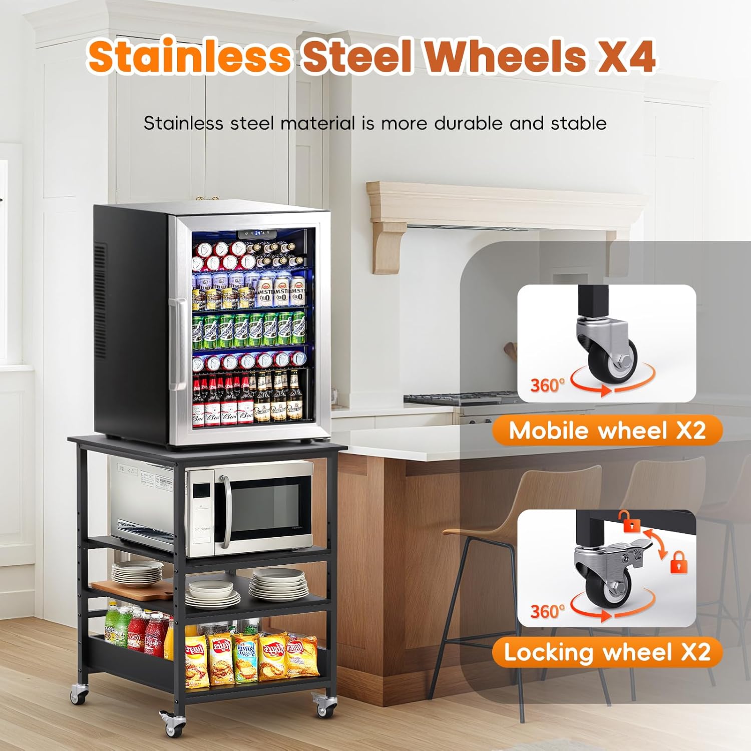 32' H Mini Fridge Stand with Storage - Avoid Bending Over Fit Elderly Pregnant Women Mini Fridge Shelf 4-Tier Small Refrigerator Stand with Adjust Storage Space Stainless Steel Wheel 19.7' L x 19.7' W