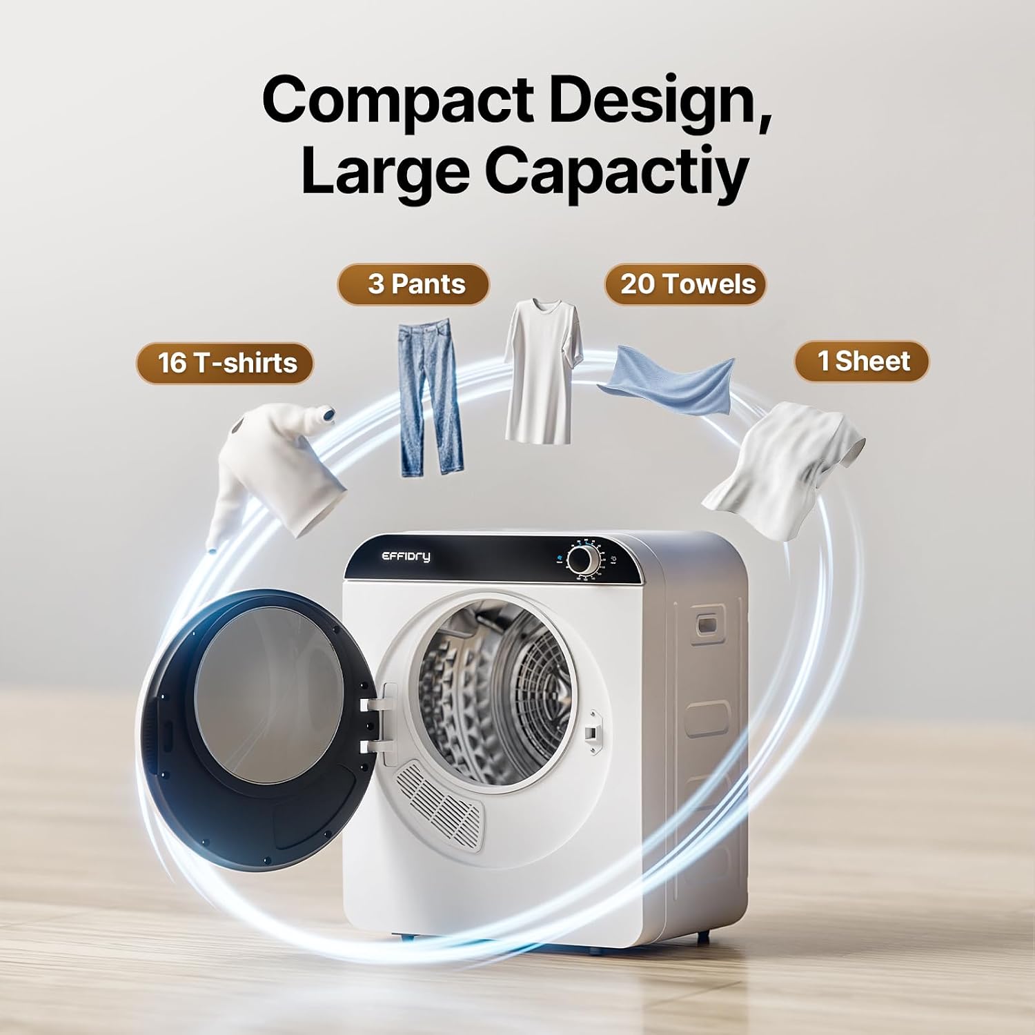 2-cubic-foot portable dryer, 830-watt power, stainless steel drum, 5 functions, knob panel, 110-volt voltage, suitable for apartments, dormitories, etc., 12-pound portable dryer