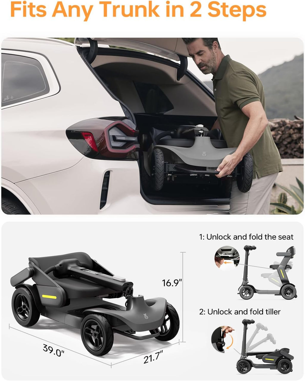 Paiseec S3 Mobility Scooter for Seniors, 25 Miles Long Lasting Mobility Scooter Foldable, Lightweight Travel Scooter for Seniors, 300 lbs Capacity, AI Speed Control, 250W Motor (Grey-25miles)