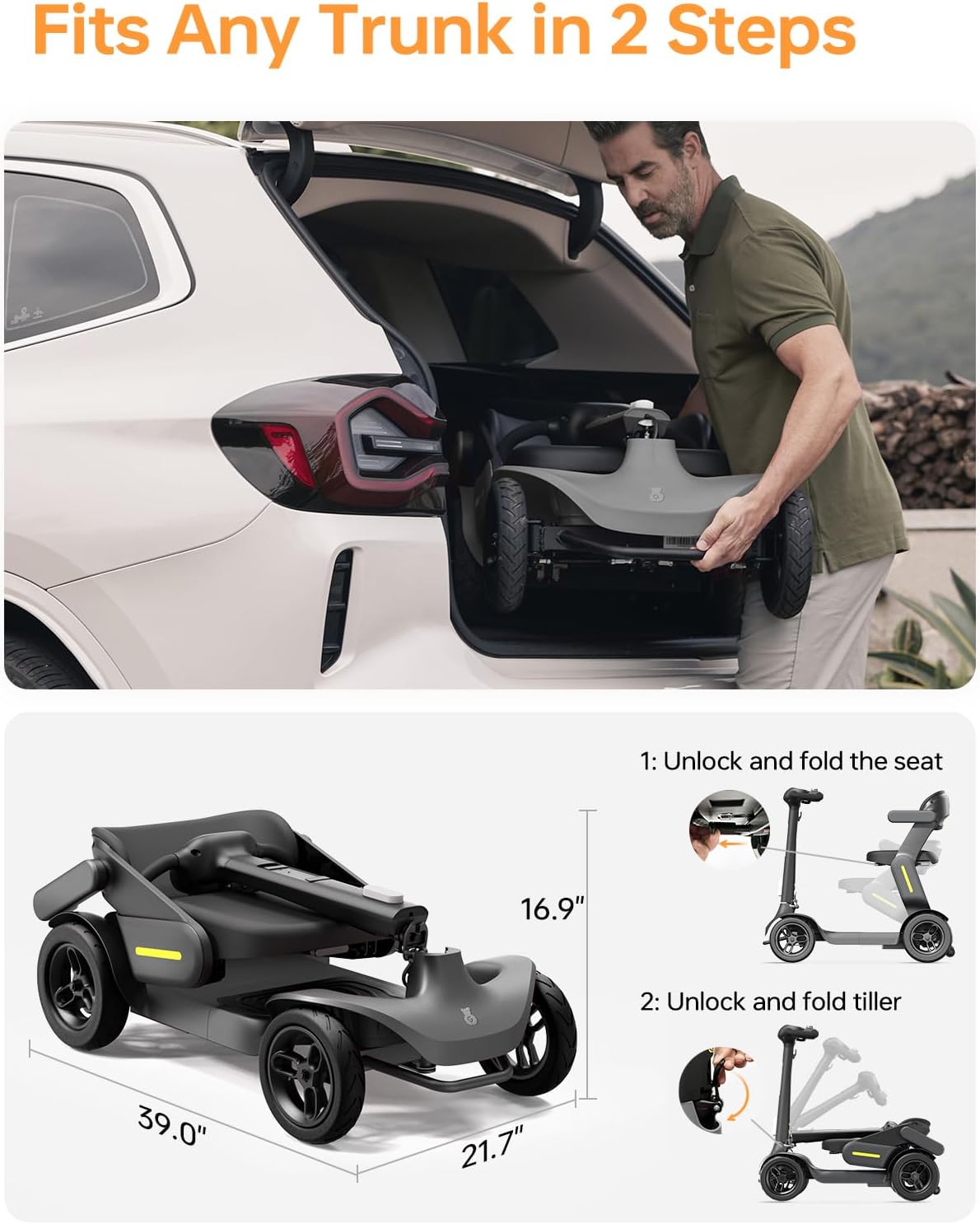 Paiseec S3 Mobility Scooter for Seniors, 25 Miles Long Lasting Mobility Scooter Foldable, Lightweight Travel Scooter for Seniors, 300 lbs Capacity, AI Speed Control, 250W Motor (Grey-25miles)
