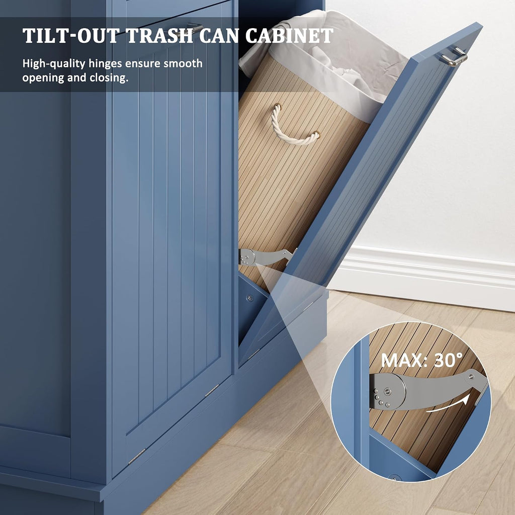KIGOTY Double Tilt Out Trash Can Cabinet, 20 Gallon Hidden Trash Storage Cabinet with 2 Hideaway Drawers, Freestanding Trash Can for Kitchen, Wooden Laundry Hamper Cabinet, Pet Proof (Blue)