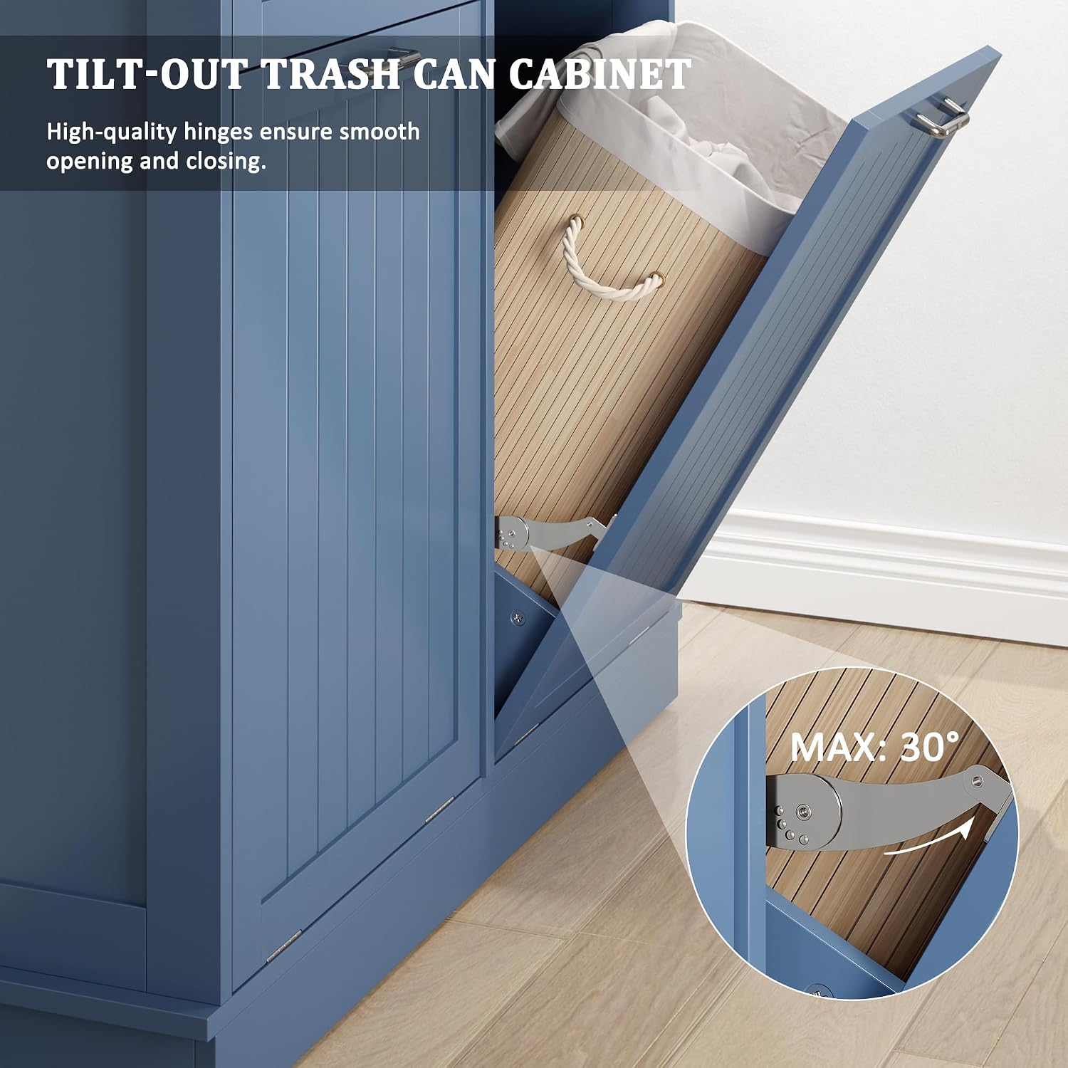 KIGOTY Double Tilt Out Trash Can Cabinet, 20 Gallon Hidden Trash Storage Cabinet with 2 Hideaway Drawers, Freestanding Trash Can for Kitchen, Wooden Laundry Hamper Cabinet, Pet Proof (Blue)