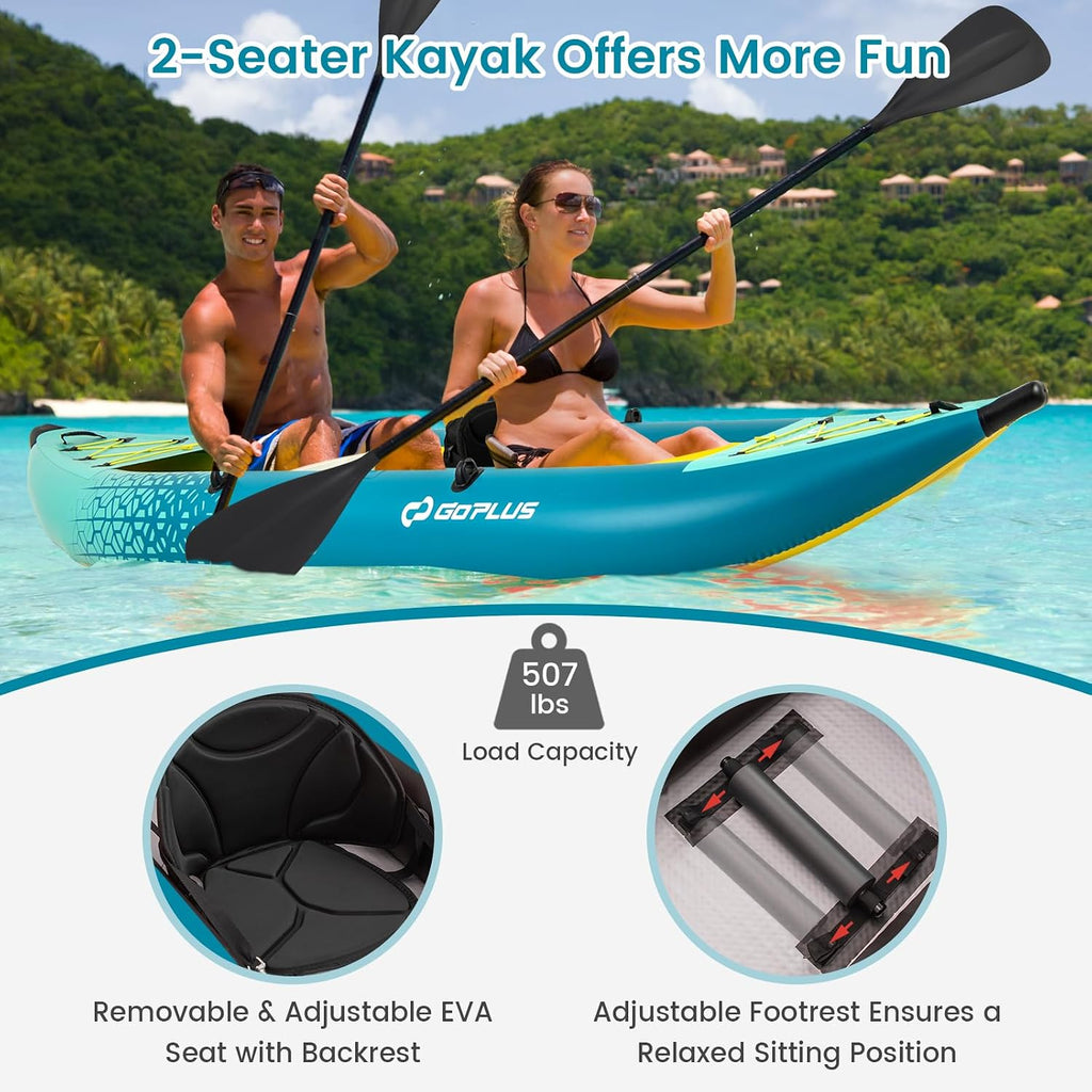Goplus Tandem Inflatable Kayak, 12.5FT 2-Person Kayak for Adults w/507 LBS Weight Capacity, 2 Aluminium Oars, Padded Seat, 2 Fins, Hand Pump, Carry Bag, Repair Kit, Portable Touring Kayaks