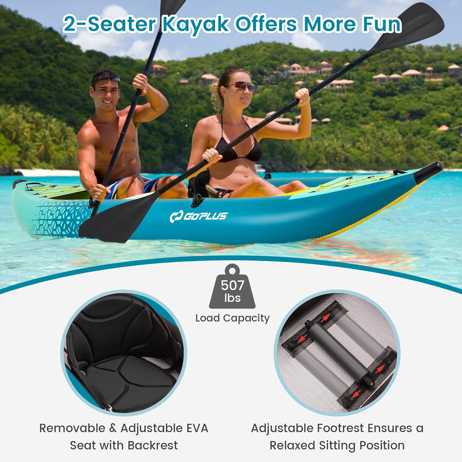 Goplus Tandem Inflatable Kayak, 12.5FT 2-Person Kayak for Adults w/507 LBS Weight Capacity, 2 Aluminium Oars, Padded Seat, 2 Fins, Hand Pump, Carry Bag, Repair Kit, Portable Touring Kayaks