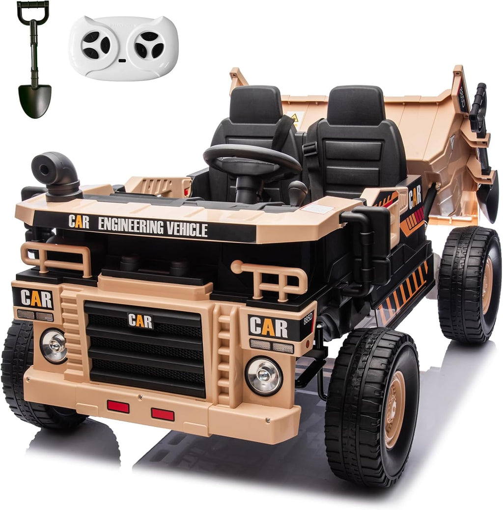 RunFast 12V 2 Seater Ride on Dump Truck for Kids,Electric Ride on Cars with Remote Control,2X35W Powerful Motors Up to 4Mph,Electric Dump Bed,Extra Shovel,Music Player,Gift for Boy&Girl(Khaki,12V)
