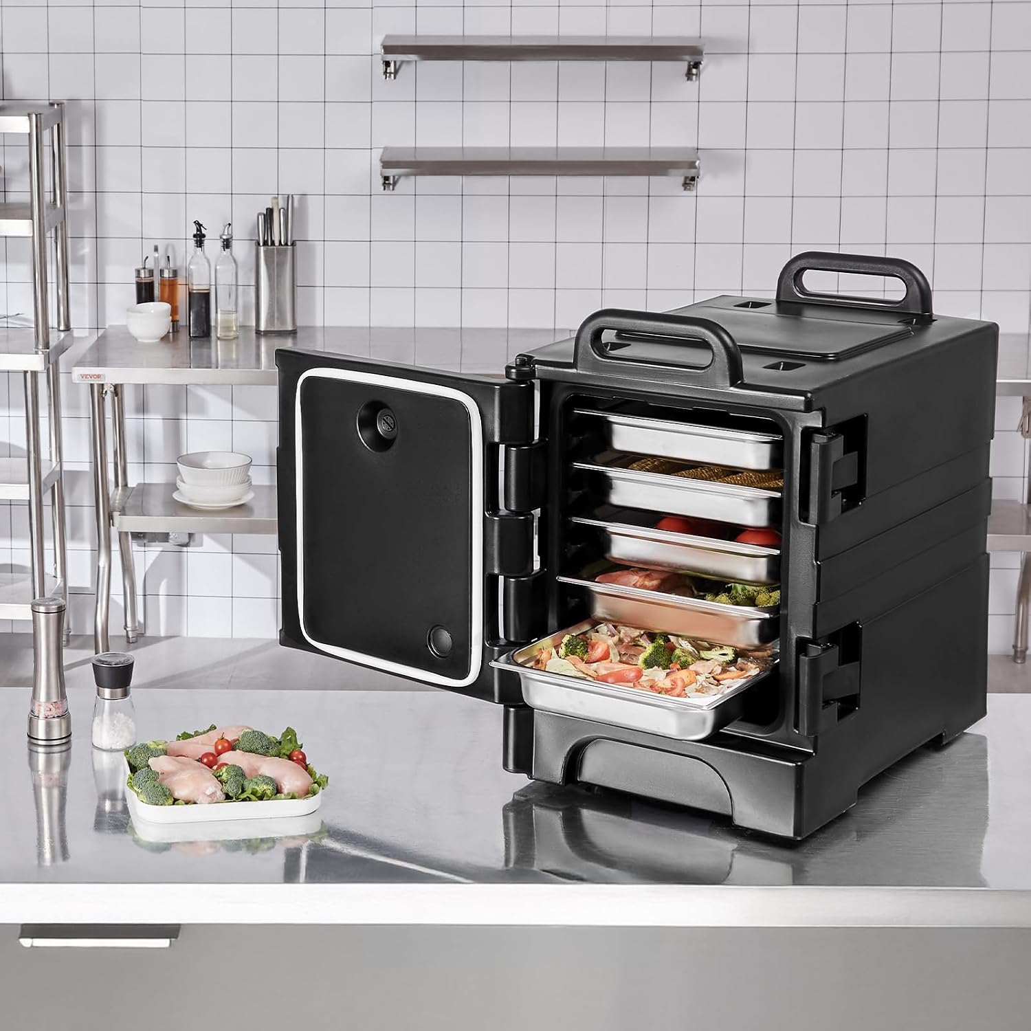 VEVOR Insulated Food Pan Carrier, 81 Qt Hot Box for Catering, Food Box Carrier with Double Buckles, Front Loading Food Warmer with Handles, Stackable End Loader for Restaurant, Canteen