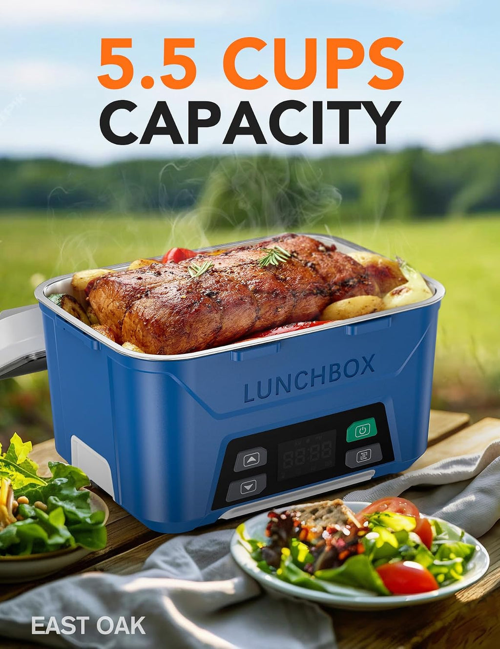 EAST OAK Cordless Electric Lunch Box for Adults, Heated Lunch Box Battery Powered with Automatic Heating, 5.5 Cups Portable Food Warmer with Removable Tray Divider