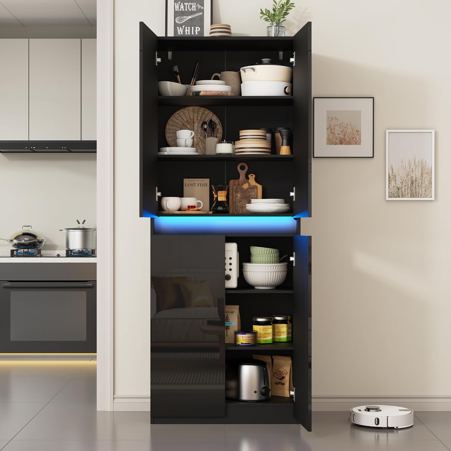 Furnify 71' Tall Pantry Storage Cabinet, Kitchen Pantry with High Gloss Doors, Modern Buffet Hutch Cabinet with Led Light and Adjustable Shelves for Dining Room, Living Room, Black