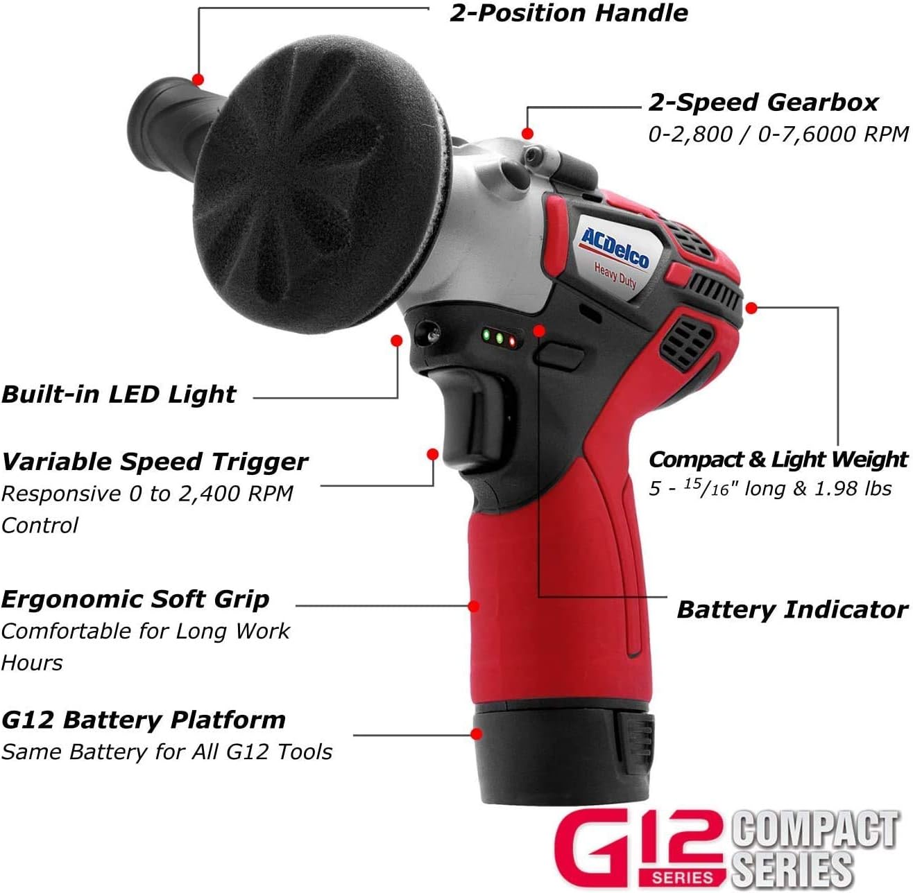 ACDelco G12 Series 3-Tool Combo, 3/8' Brushless Ratchet Wrench & 2-speed Polisher & 3/8' Impact Wrench, 2-battery, ARW1208-K13