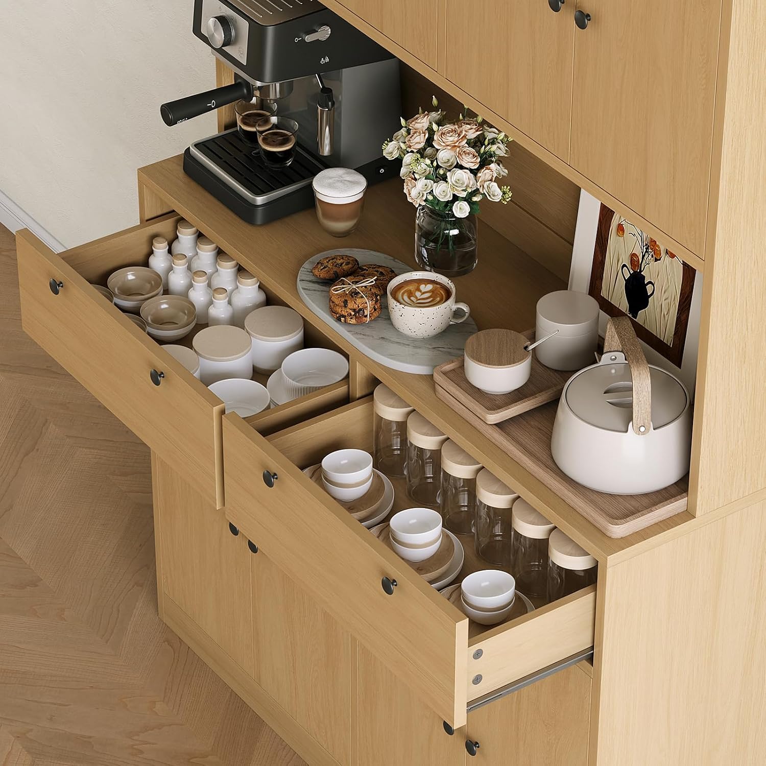 Garvee 71' Tall Kitchen Pantry Storage Cabinet with Charging Station, Food Hutch with Drawers, Doors, Shelves, and Countertop for Dining Room