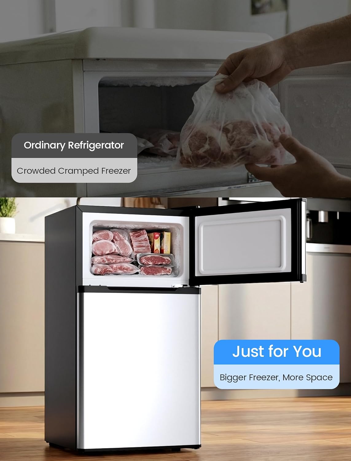 COWSAR 2.5 Cu.Ft Dorm Fridge with Freezer, Double Reversible Door Compact Refrigerator with 2 Removable Shelves, Commercial Drink Fridge for Bedroom, Office, Kitchen, Dorm, Silver