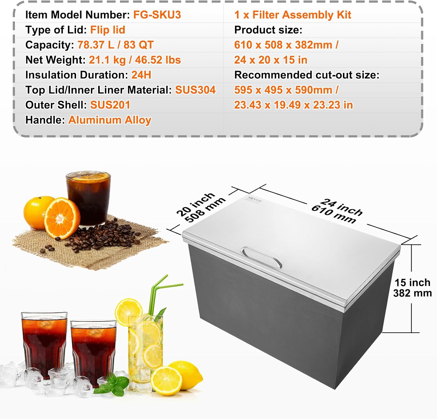 VEVOR Drop in Ice Chest, 24' L x 20' W x 15' H Stainless Steel Ice Cooler, Commercial Ice Bin with Hinged Cover, 40 qt Outdoor Kitchen Ice Bar, Drain-Pipe and Drain Plug Included, for Cold Wine Beer