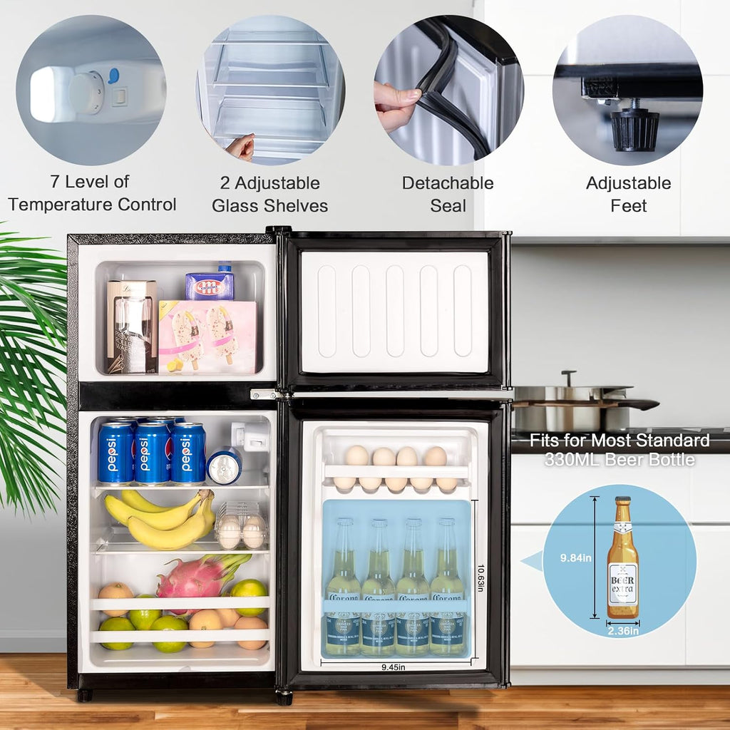 Anukis Compact Refrigerator 3.2 Cu Ft 2 Door Mini Fridge with Freezer for Apartment, Dorm, Office, Family, Basement, Garage - Black