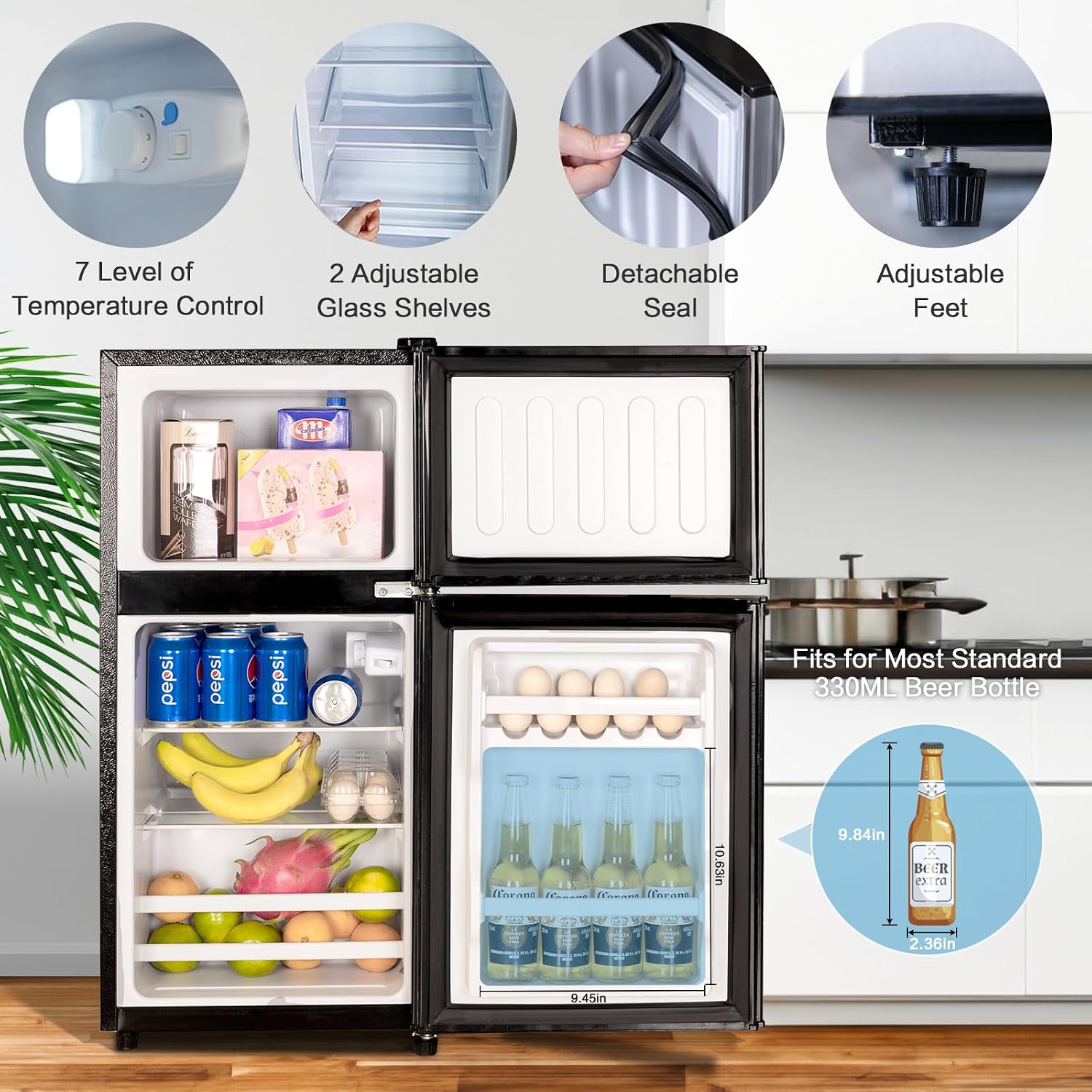 Anukis Compact Refrigerator 3.2 Cu Ft 2 Door Mini Fridge with Freezer for Apartment, Dorm, Office, Family, Basement, Garage - Black