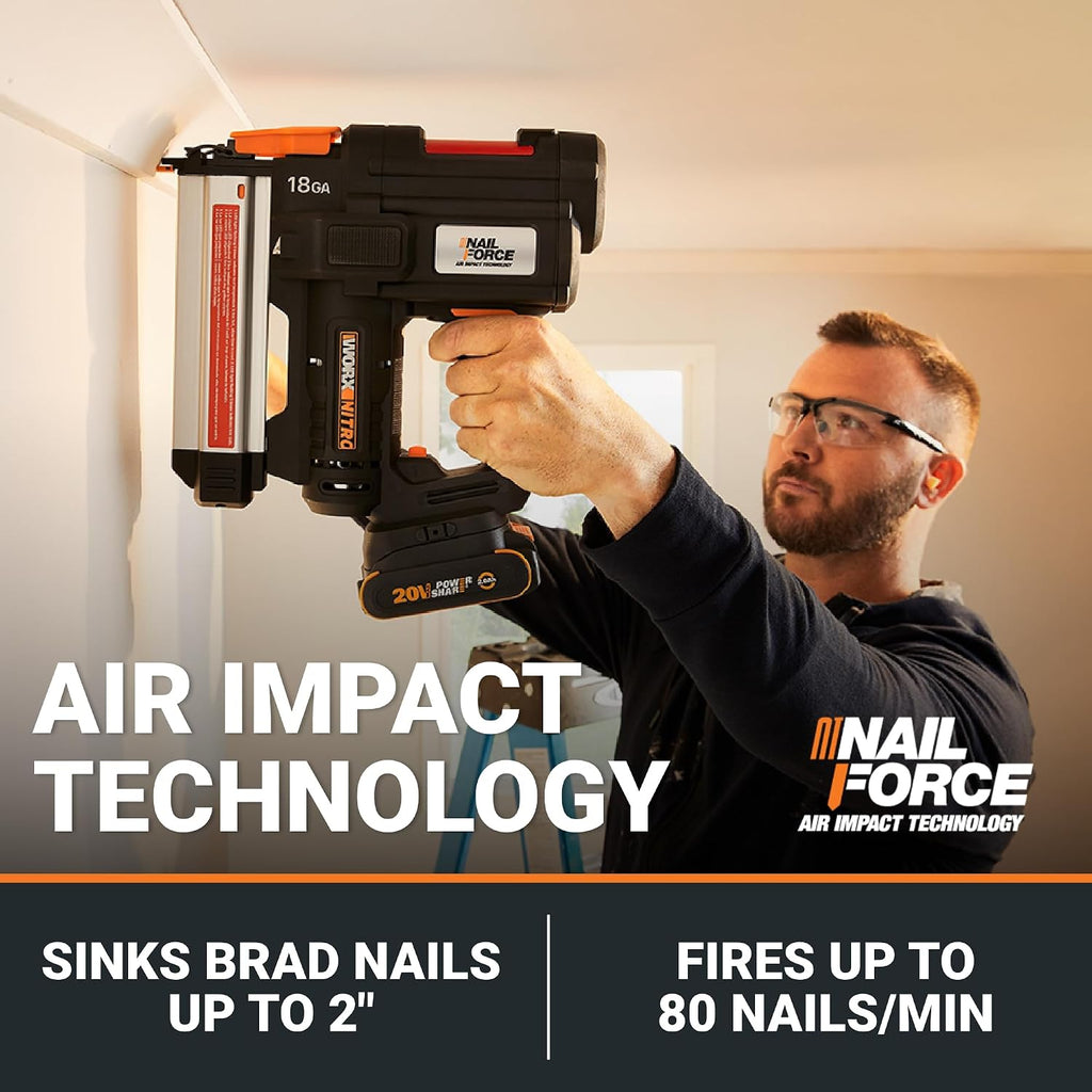 Worx Nitro 20V 18GA Cordless Brad Nailer, Cordless Nail Gun, Nail Gun Battery Powered, Up to 2 Inch, Tool-Free Jam Release, Trimming & Molding, Baseboard WX842L PowerShare – Battery, Charger Included