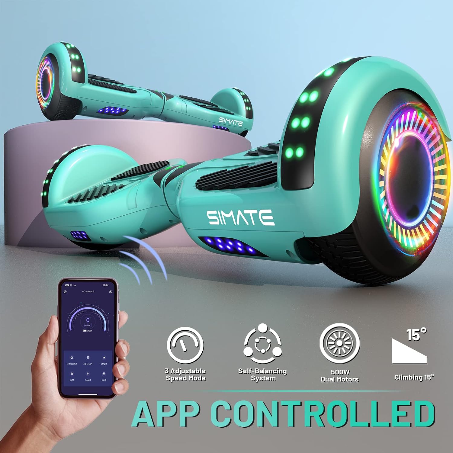 SIMATE Hoverboard, Bluetooth All Terrain Hover Boards with LED Lights and APP Control, Gifts for Kids Adults Girls Boys, for All Ages