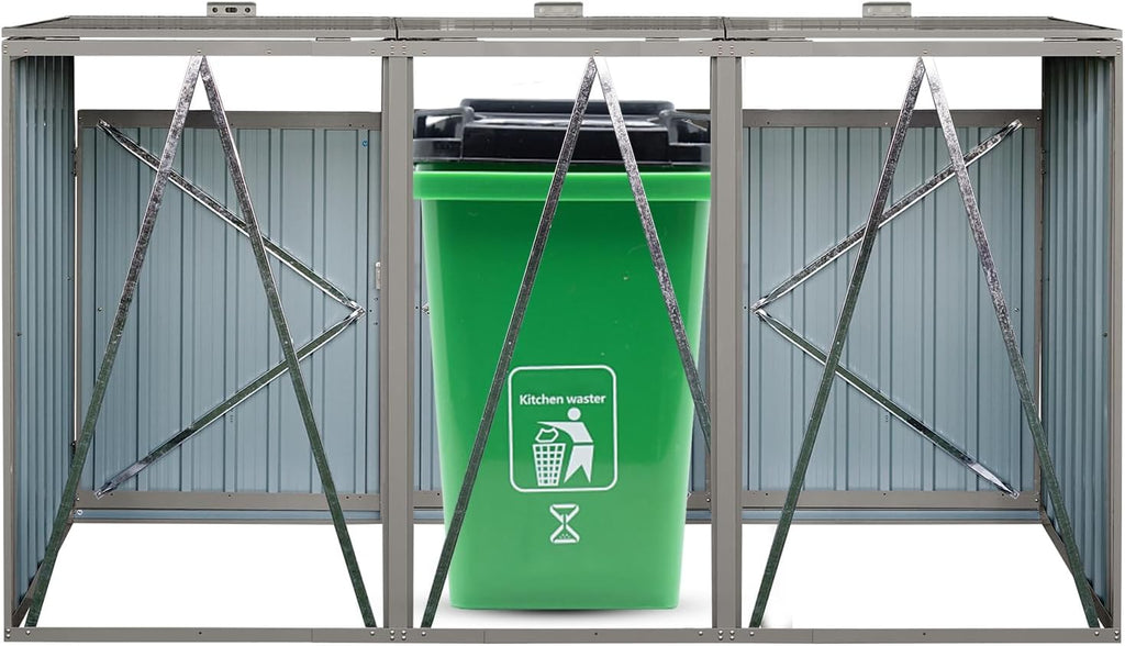 YOPTO Garbage Bin Storage Shed for 3 Trash Cans,Outdoor Trash Can Storage for Patio,Stainless Galvanized Steel Bin Shed,Rust-Proof & Scratch-Resistant Trash Can Hider,for Garden,Yard,Lawn,Grey, Gray