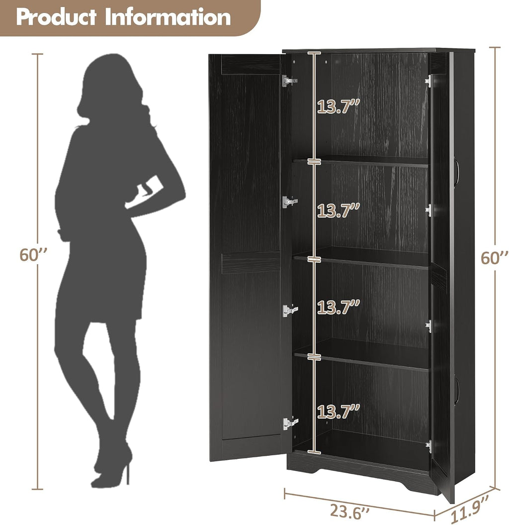 GAOMON Adjustable Shelf Storage Cabinet 60' Tall Black, 2-Door Pantry with Shelves for Kitchen Organization, Bathroom Storage, Living Room